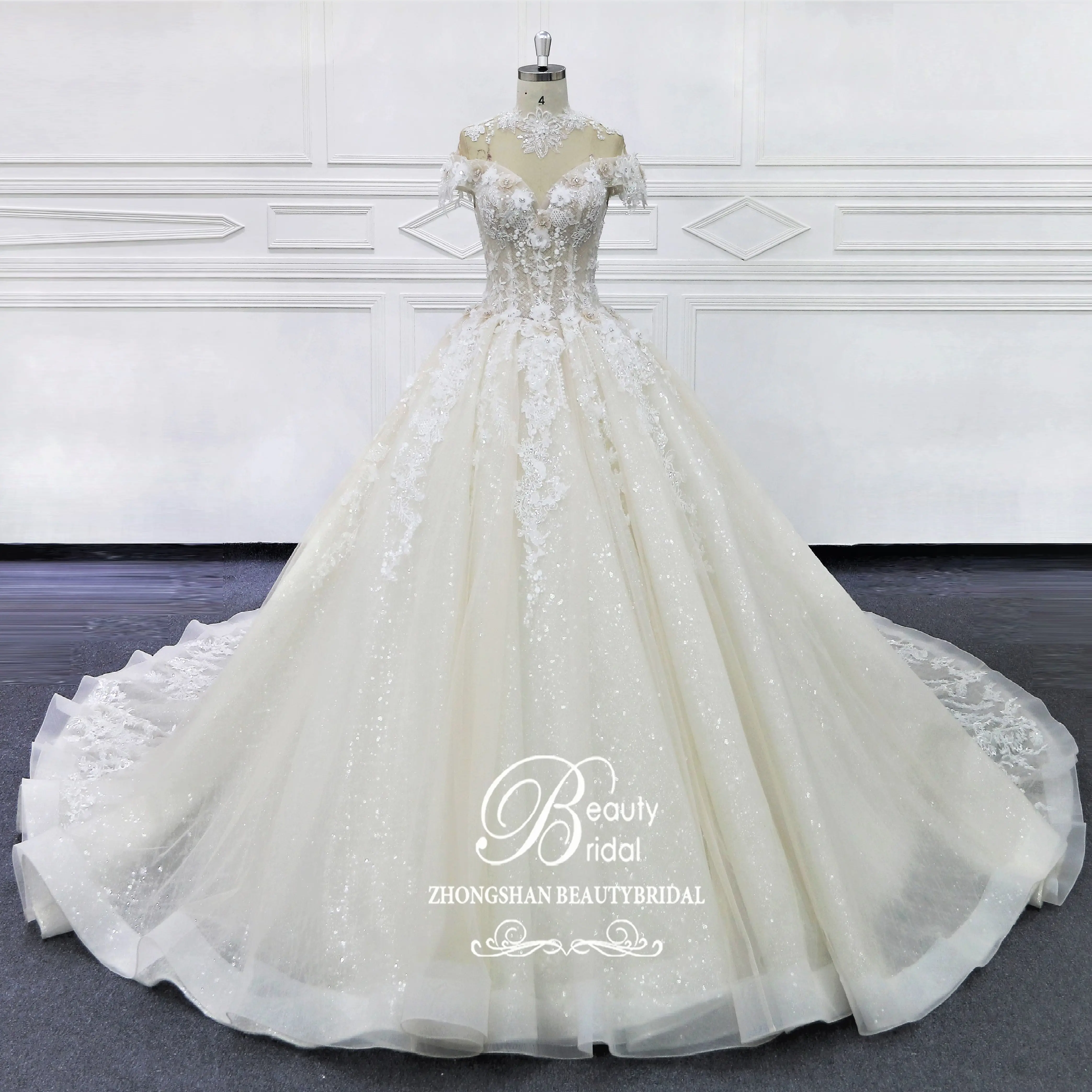 Tessuto da sposa in pizzo pesante tessuto modesto pizzo 3d abito da sposa per donne musulmane MK003 abito da ballo prezzo di fabbrica di lusso