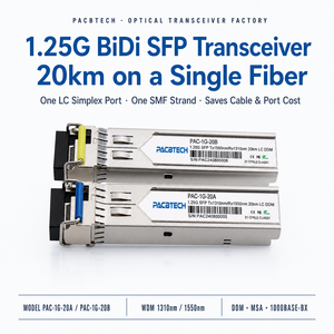 โมดูล 1.25G BiDi SFP ระยะ 3 กม./20 กม./40 กม./60 กม./80 กม./120 กม./160 กม./200 กม.  ตัวรับส่งสัญญาณไฟเบอร์ออปติกแบบ Single-Mode LC พร้อมระบบตรวจสอบ DDM - Product Image 1