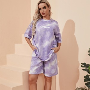 Costume d'été pour femmes Short Sleeve Short Casual Sports Suit Cute Girl's Clothes Round Neck Solid Color Plus Size Clothing 2 Piece - Product Image 2