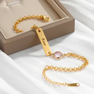 Custom Birthstone Name Bar Bracelet Personalized Engraved Name/Date Bracelet Jewelry For Women
