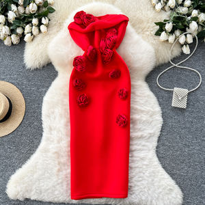 女式夏季晚装Midi连衣裙立体碎花无肩带编织天然腰部可洗数码印花精纺 - Product Image 3