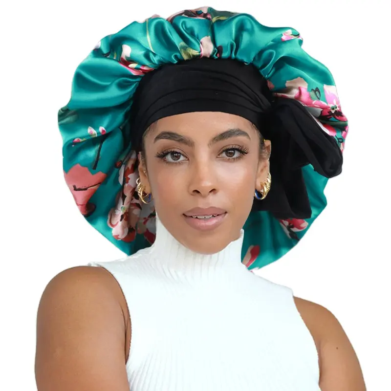 Wholesale New Style sleeping cap hat satin Wide Milk Silk Edge Wraps African Print Jumbo Satin Women Curly Hair Bonnets