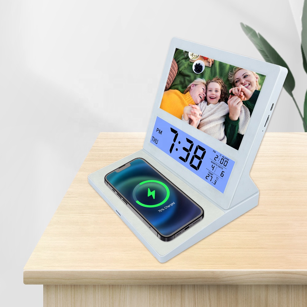 Новый дизайн, оптовая продажа с фабрики, рекламное Беспроводное зарядное устройство Mini HD 7 дюймов, умный сенсорный экран, Wi-Fi, фоторамка, цифровая