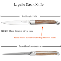 Ensemble de couteaux à steak de style Laguiole à manche en bois d'olivier, 2 pièces, ambidextres, compatibles lave-vaisselle, lames de 4,5 pouces, couteaux à steak et fourchettes