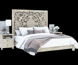 Lit élégant en bois de manguier massif sculpté à la main, taille king size, sans rangement, structure robuste et durable, finition premium, design élégant - Product Image 6