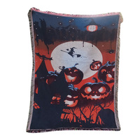 Tapis de pique-nique et couverture quatre saisons en tapisserie tissée à la machine, décoratif à pompons, ambiance de festival sorcier citrouille d'Halloween
