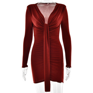 Vestido entallado de manga larga con cuello en V y diseño fruncido para mujer, ropa de noche - Product Image 5