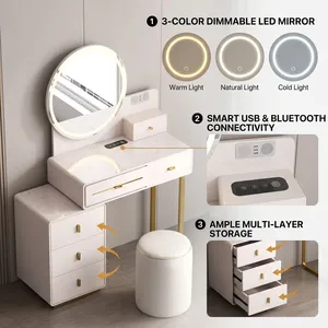 <span class=keywords><strong>Table</strong></span> de toilette de luxe avec audio Bluetooth intégré et ports USB, miroir LED à 3 couleurs à intensité variable, <span class=keywords><strong>table</strong></span> de maquillage avec tiroirs de rangement - Product Image 1