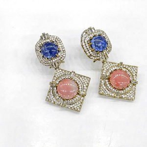 Women's Geometric Drop <b>Earrings</b> Blue Sapphire <b>Pink</b> Stone Cubic Zirconia Dangle Jewelry - Product Image 1