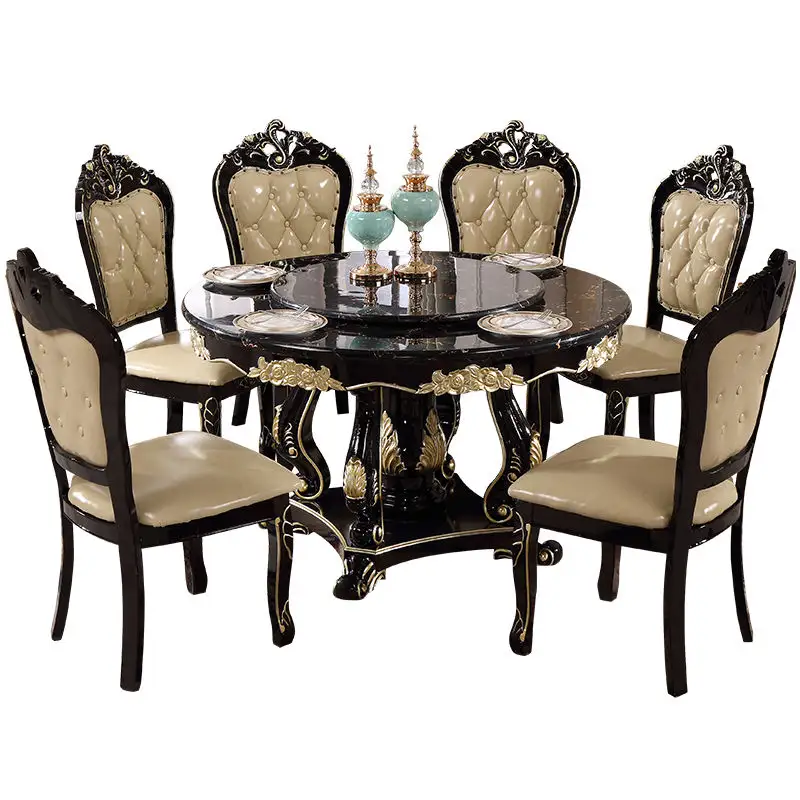Set di sedie da tavolo di lusso in marmo europeo con centro rotante intagliato barocco tavolo da pranzo in legno massello mobili per la casa