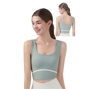 Débardeur de yoga pour femme, col carré, côtelé, respirant, avec bonnets fixes, coupe ajustée, en Spandex/Nylon, pour Pilates et entraînement fitness - Product Image 1