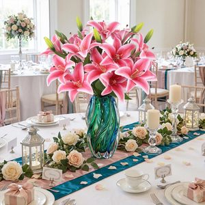 Fleurs décoratives pour la maison, fleurs artificielles de haute qualité à 3 têtes, lys faites à la main pour mariage, fête des mères, hôtel, décoration de salon - Product Image 3