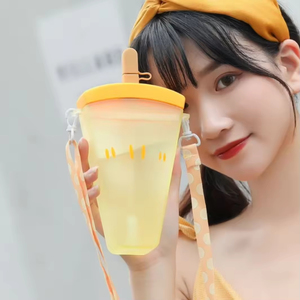 Creative Eco-Friendly Cartoon Watermelon <b>Plastic</b> Straw Cup with Strap for Student Back to School Use - Product Image 5