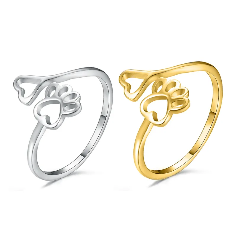 Cute Love Heart Dog Paw Print Open Ring Stainless Steel Pet Cat Claw Adjustable Rings For Women Friends Gifts
