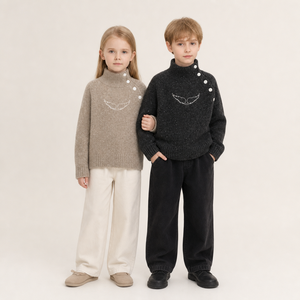 <span class=keywords><strong>Pull</strong></span> à col haut pour enfants, <span class=keywords><strong>pull</strong></span> en tricot brodé d'ailes d'ange, col à boutons diagonaux, <span class=keywords><strong>pull</strong></span> tricoté chaud pour garçons et filles, hiver - Product Image 1