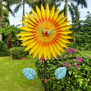 Molino de viento de Metal 3D para jardín, luz solar de color dorado, giratorio, arte de patio