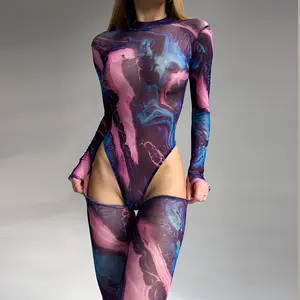 King mcgreen Sao Tie-Dye in đồ lót bodysuit gợi cảm đồ lót trang phục phụ nữ vui vẻ onesie sexy Câu lạc bộ đêm Slim lưới Jumpsuit