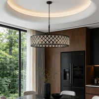Lampe suspendue en cristal avec cage ronde en métal noir, perles de cristal, luminaire suspendu au plafond pour villa