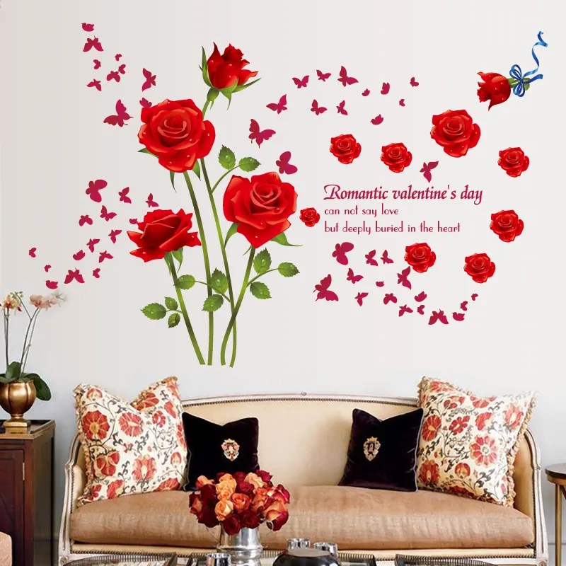 YIYAO Red And Blue Rose Flowers Leaves Removable Living Dinning Room Bedroom Kitchen Wall Sticker