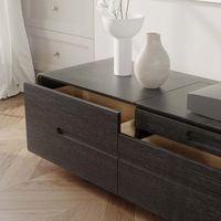 Meuble TV minimaliste AJUNION avec projection, centre de divertissement en bois, console TV moderne noire pour projecteur