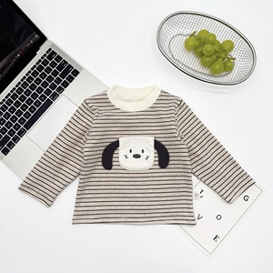 Camiseta de punto a rayas <span class=keywords><strong>para</strong></span> niño con parche de cachorro de orejas caídas, doble capa forrada, elástica, de manga larga, suave, <span class=keywords><strong>para</strong></span> bebé y niño pequeño, otoño-invierno - Product Image 1