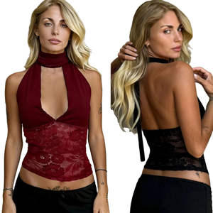 Elegant Sexy V-neck Breathable Eco-Friendly Knitted Short <b>Tank</b> <b>Tops</b> Backless Design with <b>Lace</b> Trim Direct From Factory - Product Image 1