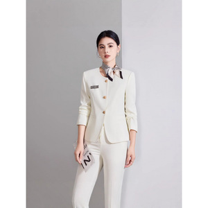 Women's Off-White <b>Blazer</b> And Trousers <b>Set</b> Long Sleeve Formal Workwear For Commute Anti-Wrinkle Worsted Fabric - Product Image 1