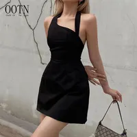 OOTN 90s estetik İnce Clubwear kadın evaze elbise yaz parti Mini elbise gotik katı siyah Halter elbiseler kadınlar için