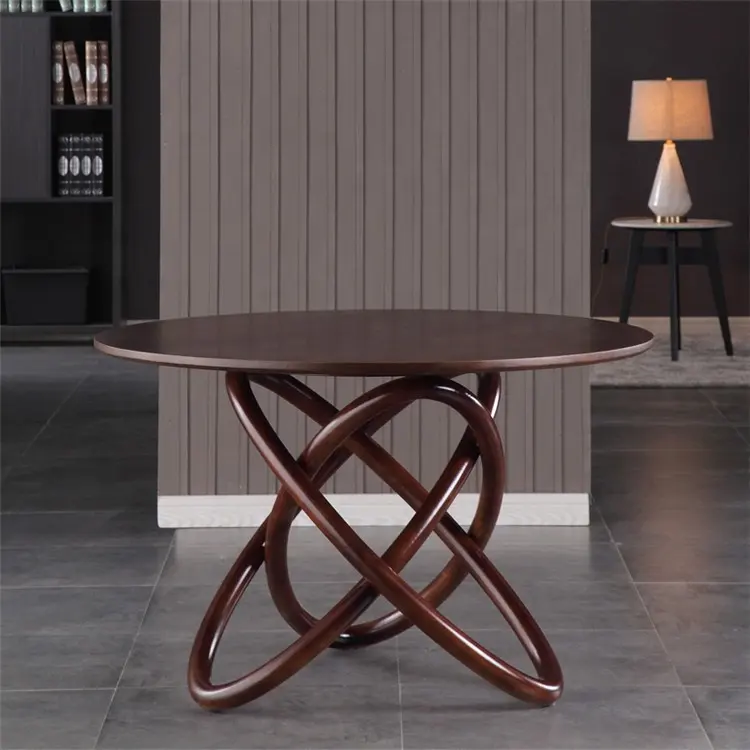 Modern Restaurant Interiors Furniture 8 Seater Wooden Walnut Round Base Carved Solid Wood Dining Table Set