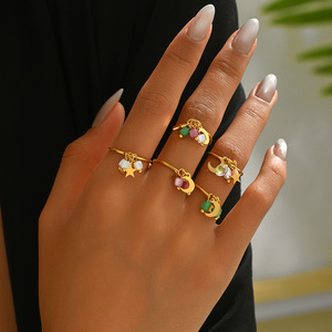 Women's Geometric Star Moon <b>Open</b> <b>Ring</b> With Bead Setting Index Finger Jewelry Gift - Product Image 2