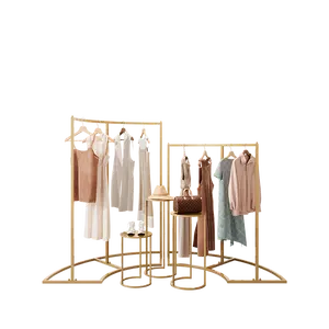 Shiny Golden Curved Standing Circular Clothes Display Rack Square Tube Beautiful Shoe Bag Storage Table For Clothing Stores