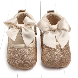 2024 Beauty Mode Decor Strik Goud Glanzend Platte Leren Schoenen Baby Meisjes Pre Wandelschoenen