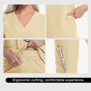 Women's Scrub Uniform Set Short Sleeve V Neck Medical Workwear For Nurses Doctors Veterinarians Operating Room Staff Beige Navy - Product Image 5