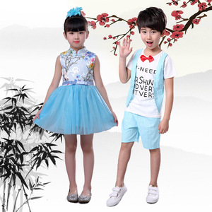Costume de spectacle de style chinois pour enfants, jupe Tutu bleu ciel, vêtements de scène pour filles, Costumes de danse pour l'école primaire - Product Image 1
