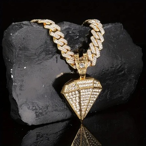 Mens Hip Hop Bling Diamond Shape Pendant Necklace Iced Out Gold Tone Cuban <b>Chain</b> <b>Rapper</b> Jewelry - Product Image 1