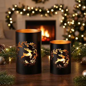 Porte-bougie cylindrique en fer noir avec motif de renne découpé pour la décoration de Noël à la maison, résistant à l'eau et à la chaleur - Product Image 1