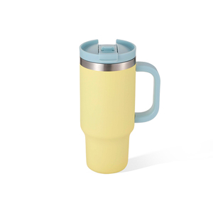 Yellow Stainless Steel Tumbler with Light Blue Lid and Handle Vacuum Insulated Travel <b>Mug</b> Minimalist Design 24 Hour <b>Thermal</b> Perf - Product Image 1