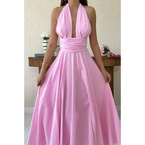 Vestido Rosa Halter con Corte en A, Tejido, Cintura Natural, Transpirable, para el Trabajo - Product Image 2