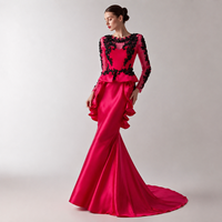 Robe de soirée sirène fuchsia et noire en dentelle, manches longues illusion, satin, peplum, traîne, pour bal de promo, sur mesure, vente en gros