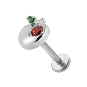 Superstar Body Piercing Jewelry G23 Titanium Apple Style Inlaid Red And Emerald Zircon Threadless Labret