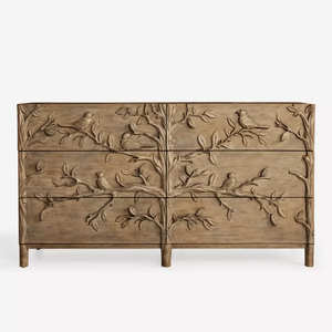 American Country-style Solid Wood Carved Bird Branch Nightstand, Vintage Distressed Single Drawer Open Storage <strong>Bedside</strong> <strong>Table</strong> - Product Image 6