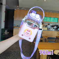 Gobelet carré en plastique moderne, écologique et durable, avec paille, motif dessin animé mignon, design portable avec sangle, pour enfants, idéal comme cadeau