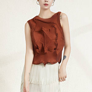 Vêtements d'été PY pour femmes, col roulé, respirant, écologique, élégant, gilet plissé, texture losange, décontracté, plissé 3D - Product Image 3