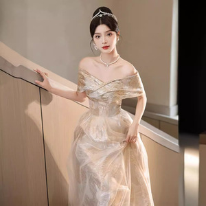 S1708R 2025 New Fashion High Quality Gorgeous fairy <b>Sequin</b> champagne Gold One Shoulder Evening Dress - Product Image 1