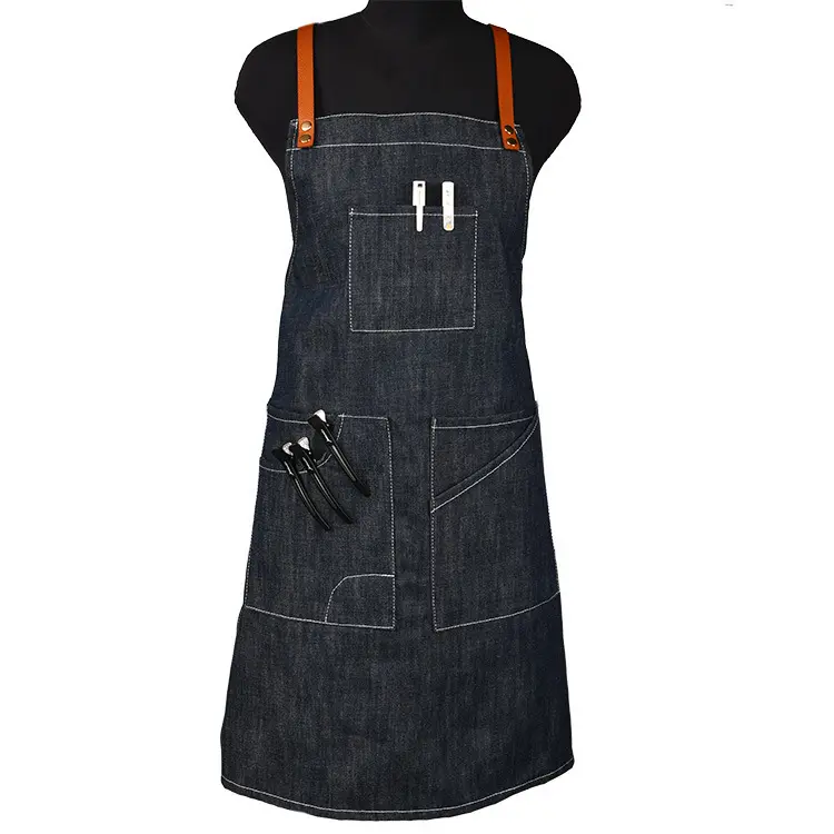 Florist Blue Denim Apron Leather Shoulder Belt Men's and Women's Workwear Barista Barber Restaurant Custom Logo