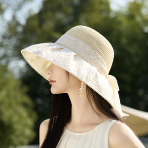Lace Bow <b>Straw</b> <b>Hat</b> For Women Beige Sun Protection Summer Outing Bucket <b>Hat</b> - Product Image 2
