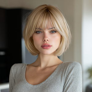 Peluca BOB al por Mayor, <span class=keywords><strong>Cabello</strong></span> Sintético Corto con Capas Doradas, Estilo Liso Marrón Oscuro con Flequillo, Aspecto <span class=keywords><strong>Natural</strong></span>, Encaje Transparente-SM416 - Product Image 2