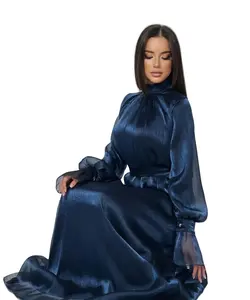 नई ग्लॉसी सिल्क ड्रेस हाफ स्टैंड कॉलर बबल स्लीव्स हाई वेस्ट शिफॉन यूरोपियन अमेरिकन मुस्लिम इवनिंग लॉन्ग ड्रेस