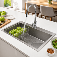 Évier de cuisine multifonctionnel de style coréen, grand évier simple en acier inoxydable 304, robinet artisanal décoratif + bord en nano-argent fraisé