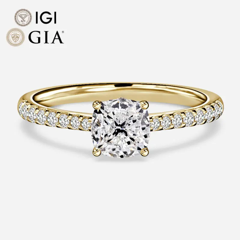 GiaIgi認定Cvdラボで作成されたダイヤモンド10k14k18kゴールドエンゲージメントリングクッションカットイエローゴールドパヴェダイヤモンドバンド